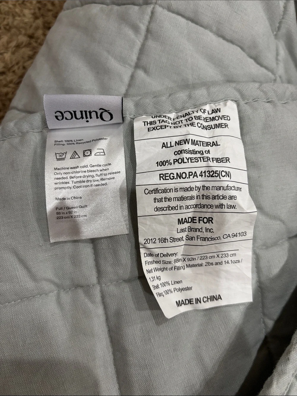 Quince European Linen Box Quilt Full/Queen Mist